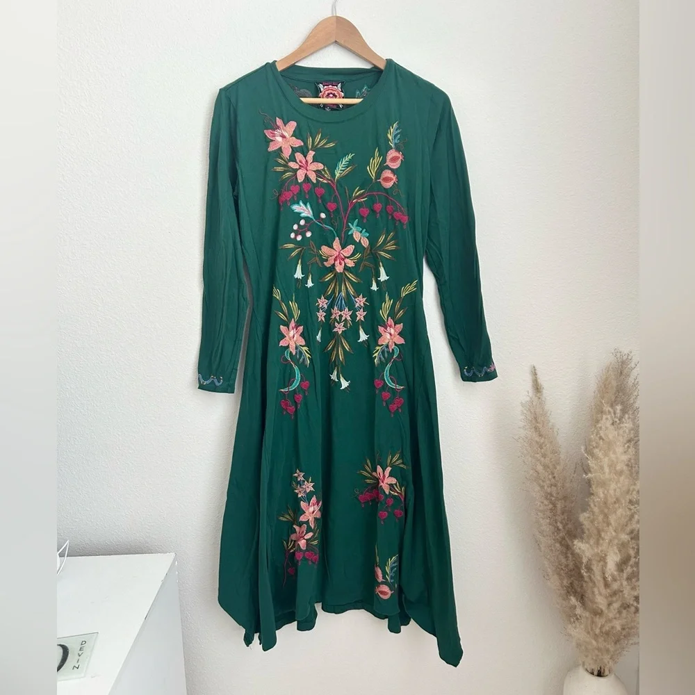 Johnny Was Amarylla Handkerchief Green Floral Embroidered Midi Dress - Medium - Picture 5 of 12
